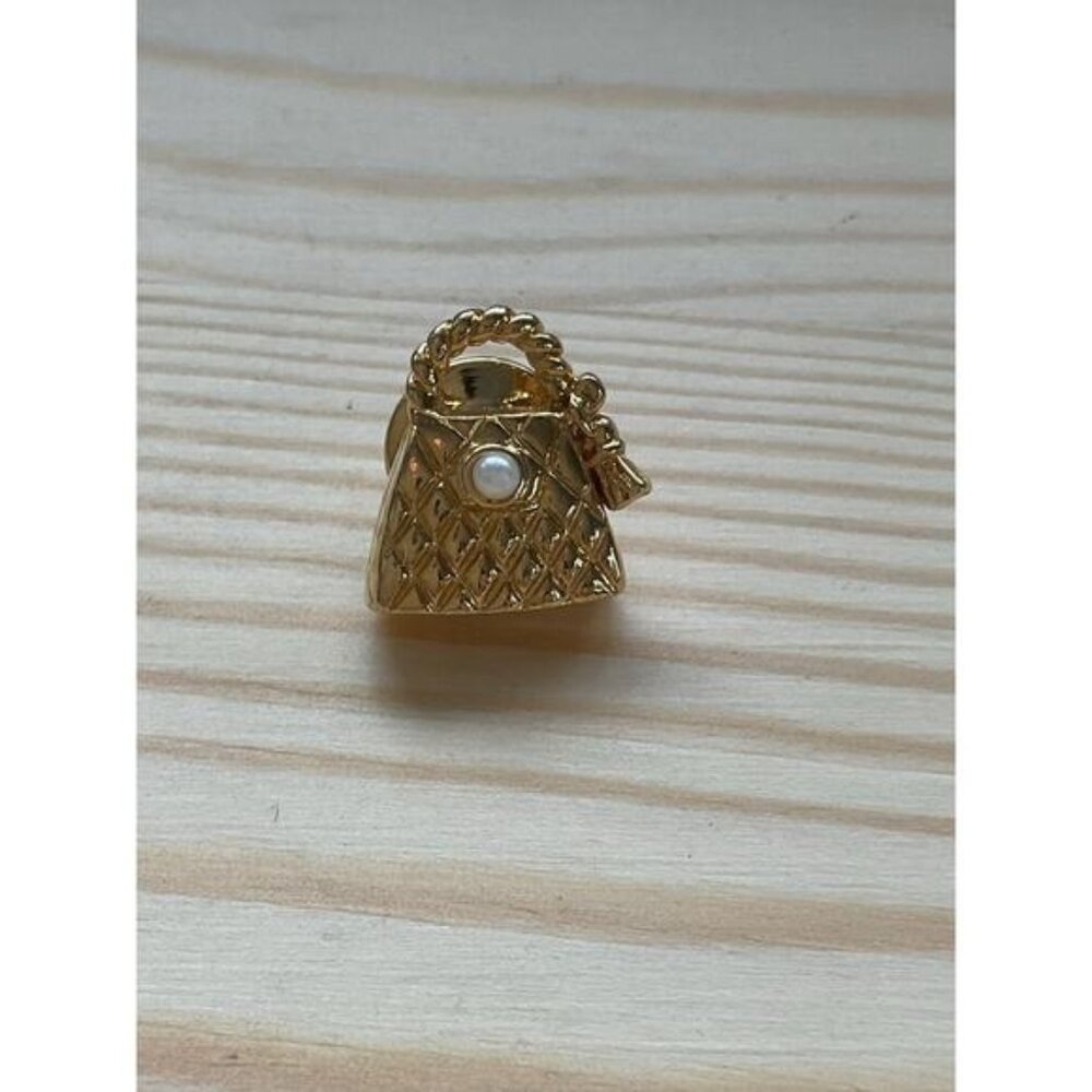 Vintage Avon Fashion Jewelry Gold Tone Faux Pearl Bag Purse Lapel Pin